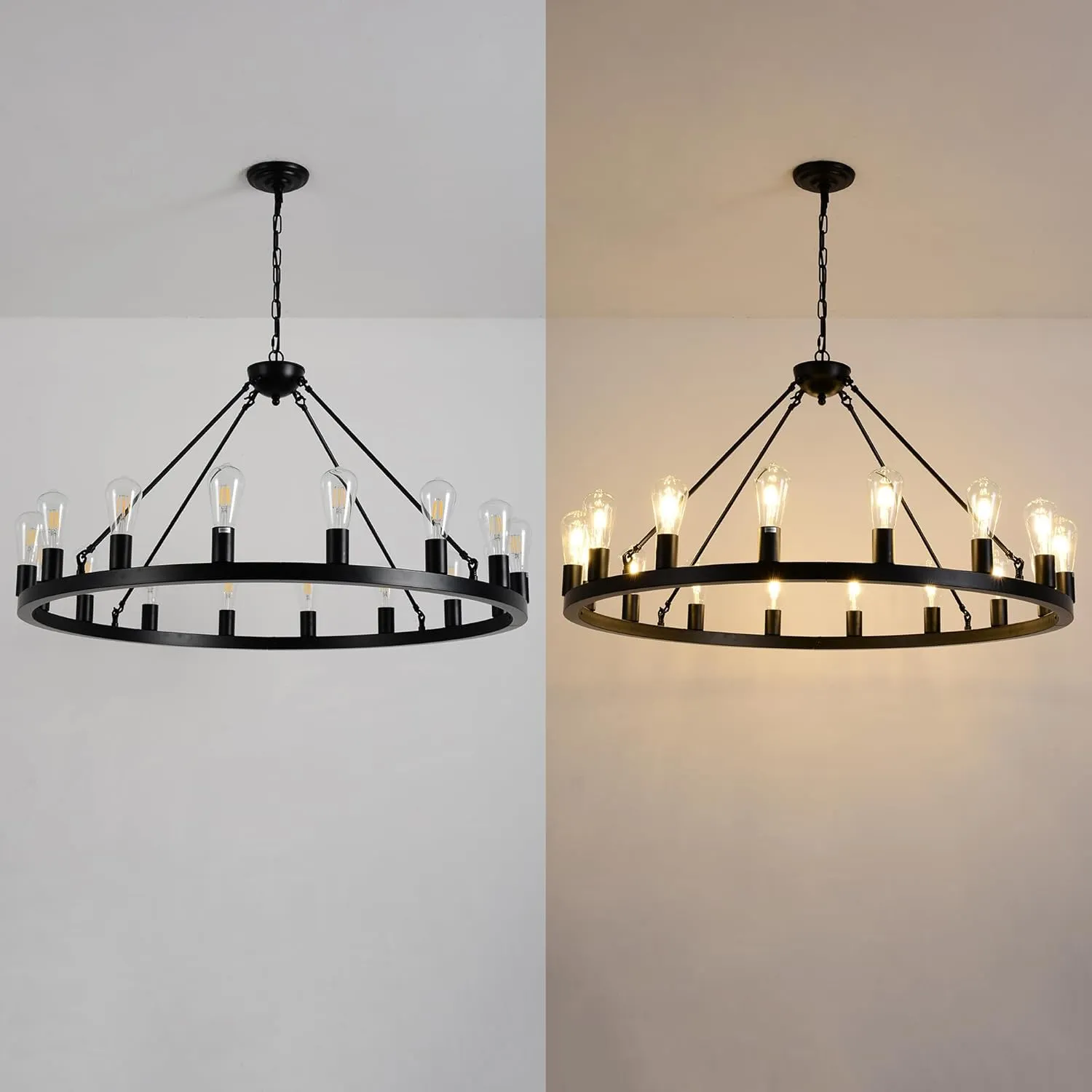 40" Black Wagon Wheel Chandelier,E26 16-Light Large Round Rustic Farmhouse Chandelier Industrial Pendant Light Fixtures for Dining Room Living Room Kitchen Island Entryway Foyer