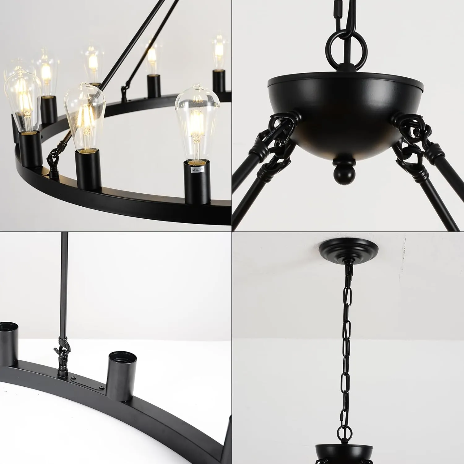40" Black Wagon Wheel Chandelier,E26 16-Light Large Round Rustic Farmhouse Chandelier Industrial Pendant Light Fixtures for Dining Room Living Room Kitchen Island Entryway Foyer