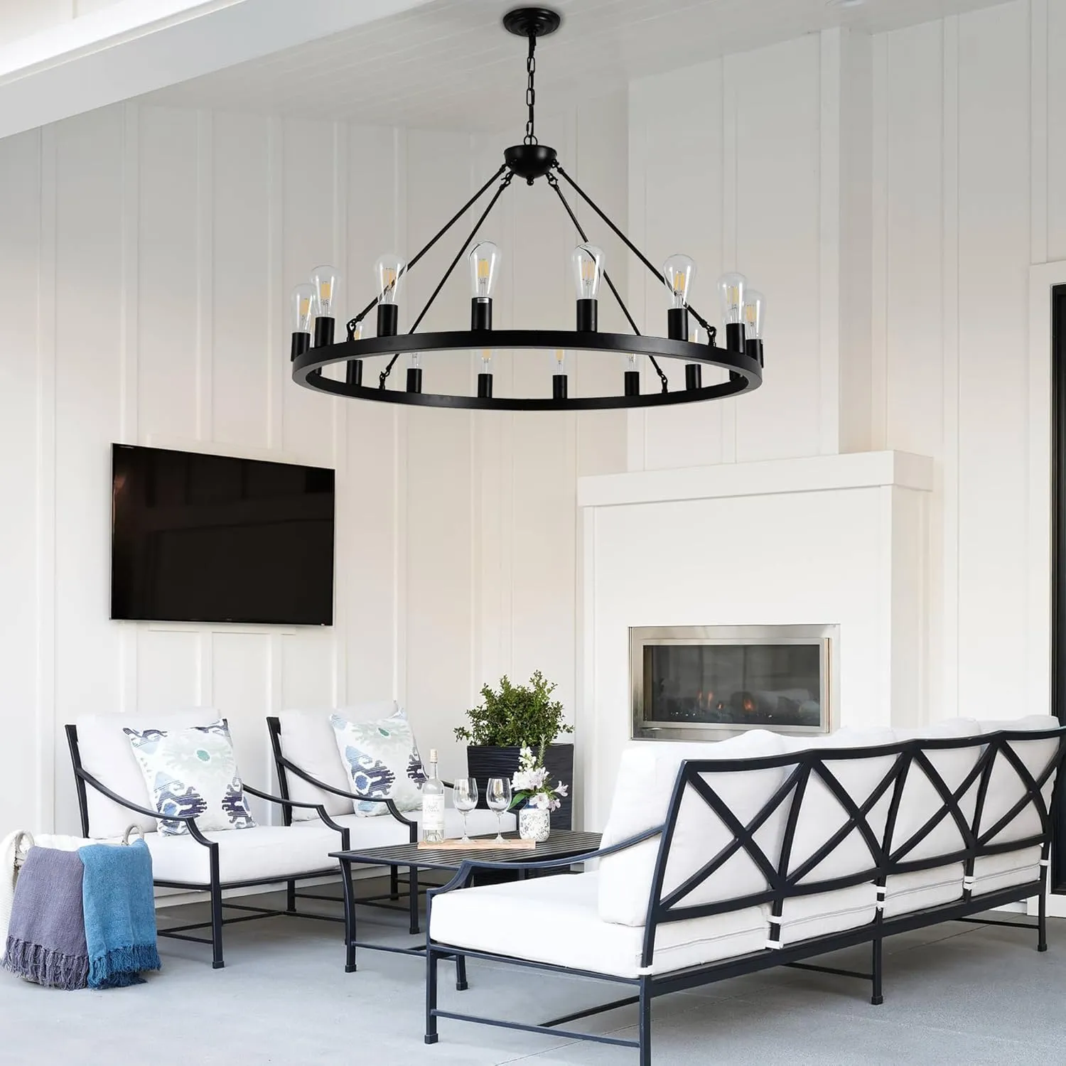 40" Black Wagon Wheel Chandelier,E26 16-Light Large Round Rustic Farmhouse Chandelier Industrial Pendant Light Fixtures for Dining Room Living Room Kitchen Island Entryway Foyer