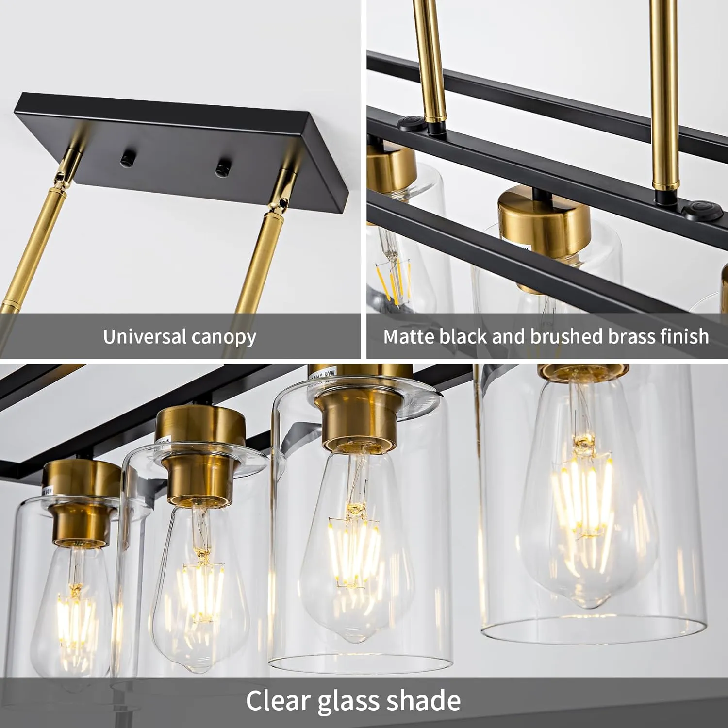 5 Light Dining Room Light Fixture Modern Farmhouse Chandeliers Over Table Black & Brushed Brass Gold Rectangular Pendent Lighting for Kitchen with Glass Shade Hanging Industrial Ceiling Light