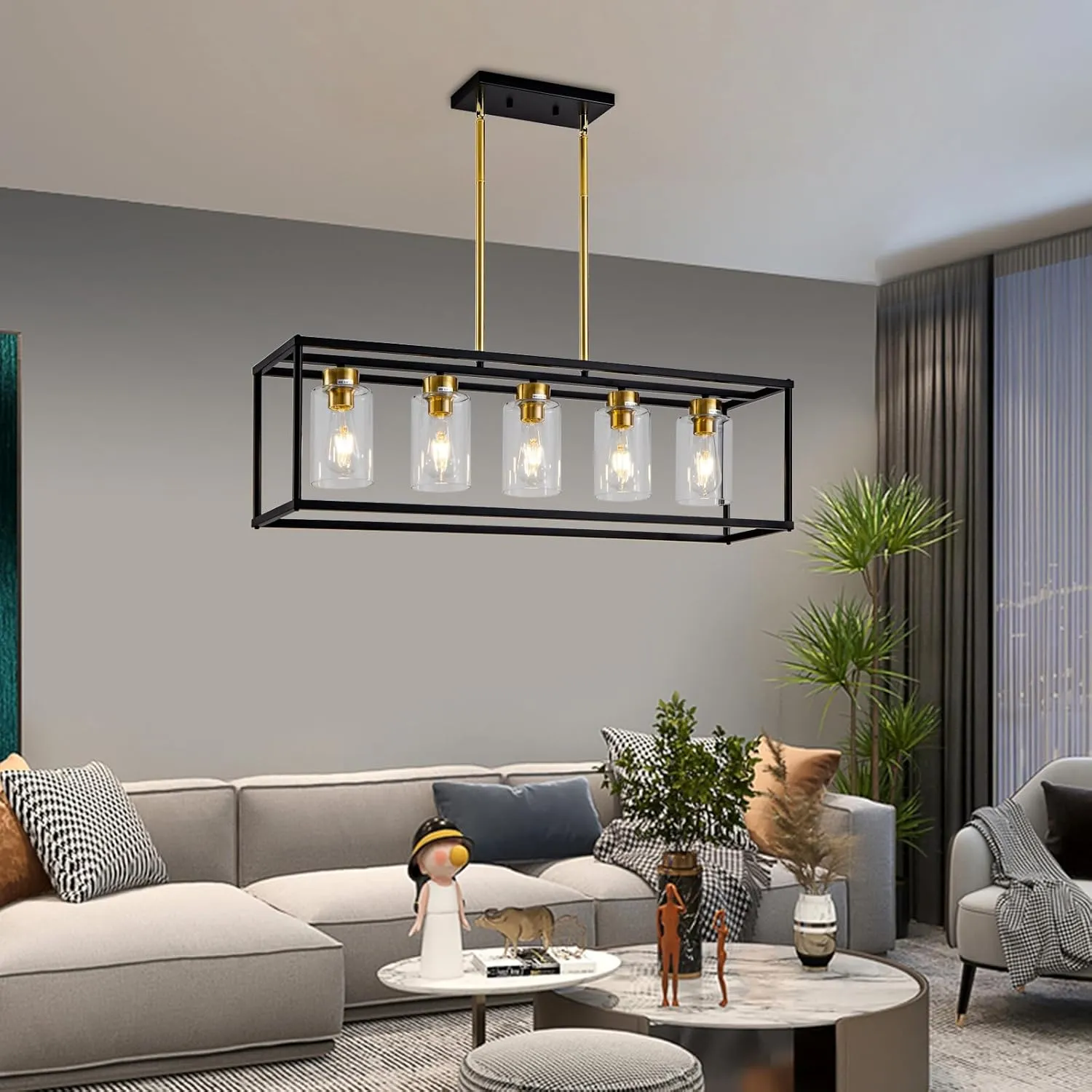 5 Light Dining Room Light Fixture Modern Farmhouse Chandeliers Over Table Black & Brushed Brass Gold Rectangular Pendent Lighting for Kitchen with Glass Shade Hanging Industrial Ceiling Light