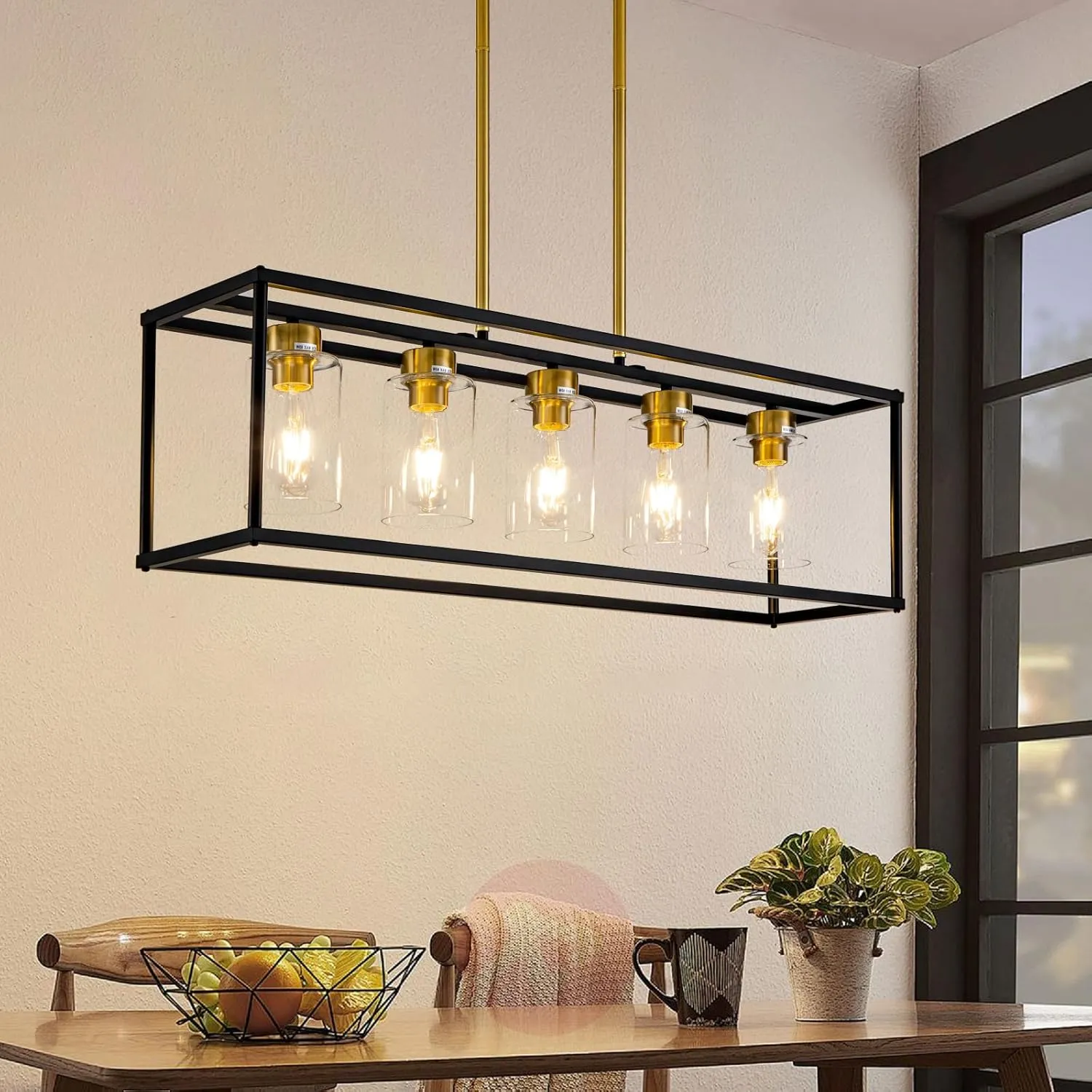 5 Light Dining Room Light Fixture Modern Farmhouse Chandeliers Over Table Black & Brushed Brass Gold Rectangular Pendent Lighting for Kitchen with Glass Shade Hanging Industrial Ceiling Light