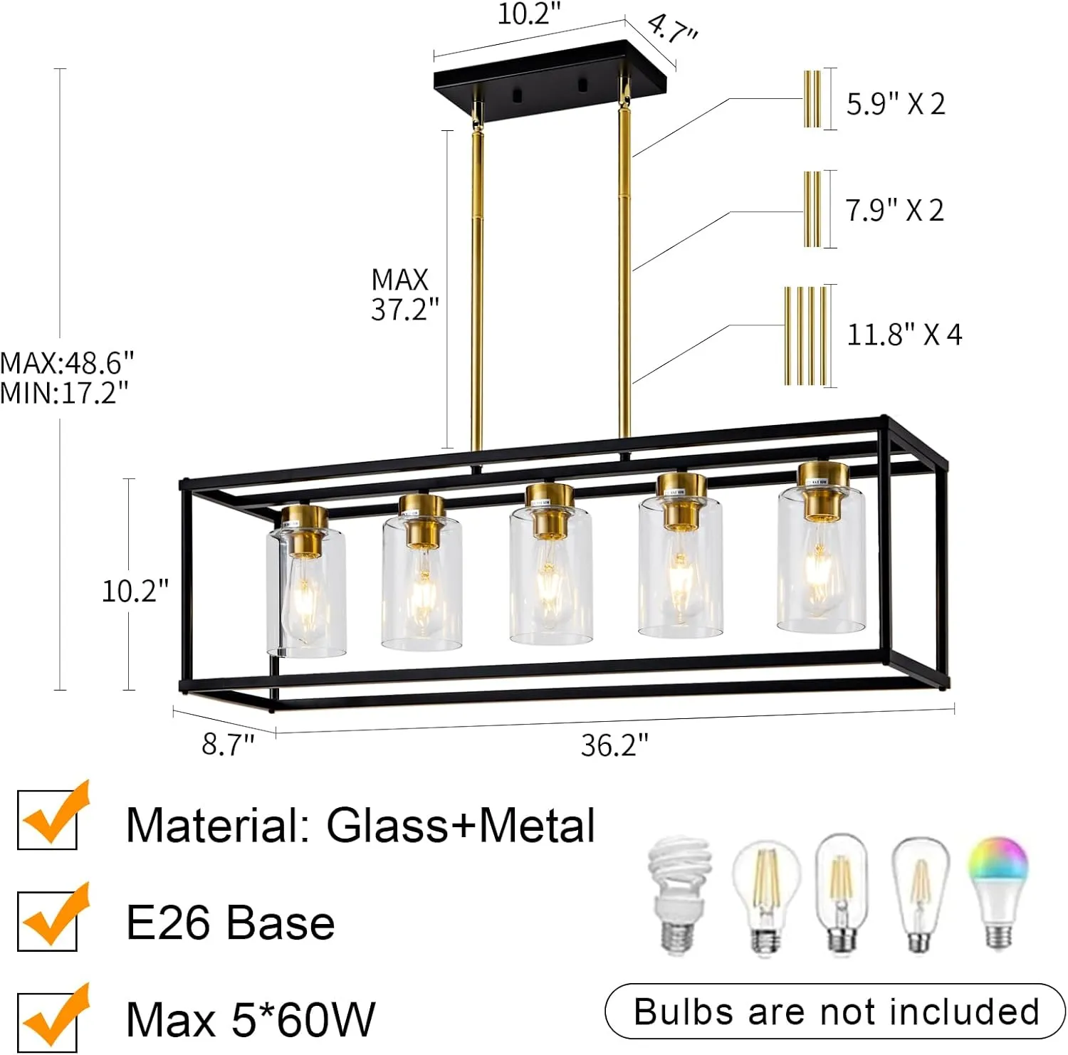 5 Light Dining Room Light Fixture Modern Farmhouse Chandeliers Over Table Black & Brushed Brass Gold Rectangular Pendent Lighting for Kitchen with Glass Shade Hanging Industrial Ceiling Light