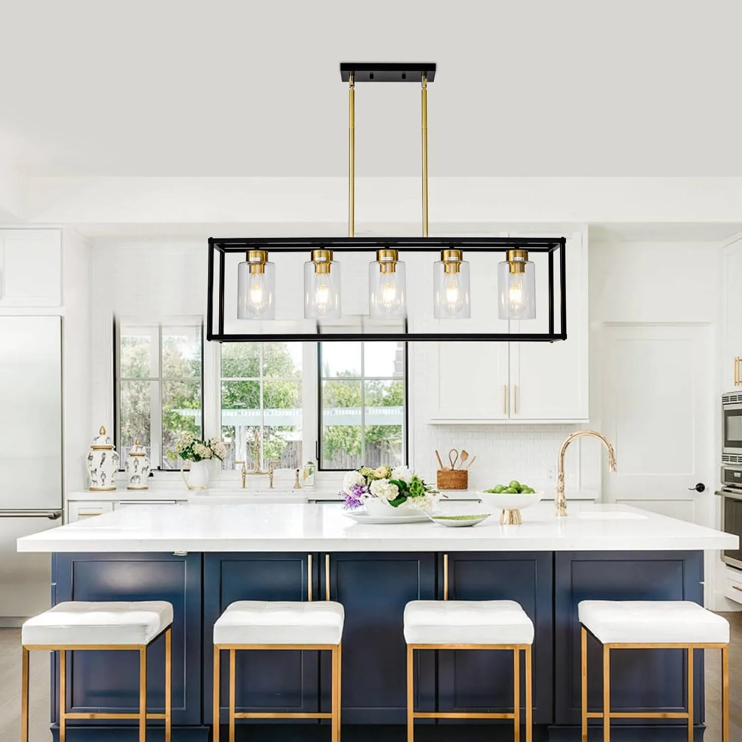 5 Light Dining Room Light Fixture Modern Farmhouse Chandeliers Over Table Black & Brushed Brass Gold Rectangular Pendent Lighting for Kitchen with Glass Shade Hanging Industrial Ceiling Light