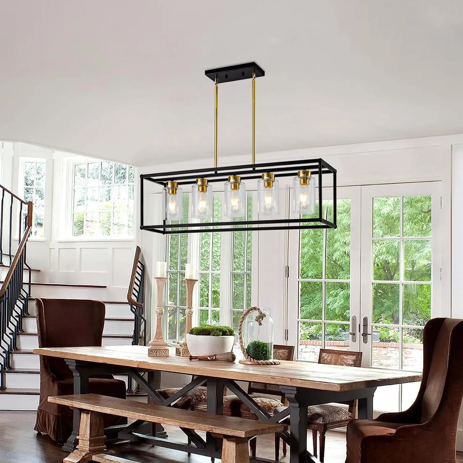5 Light Dining Room Light Fixture Modern Farmhouse Chandeliers Over Table Black & Brushed Brass Gold Rectangular Pendent Lighting for Kitchen with Glass Shade Hanging Industrial Ceiling Light