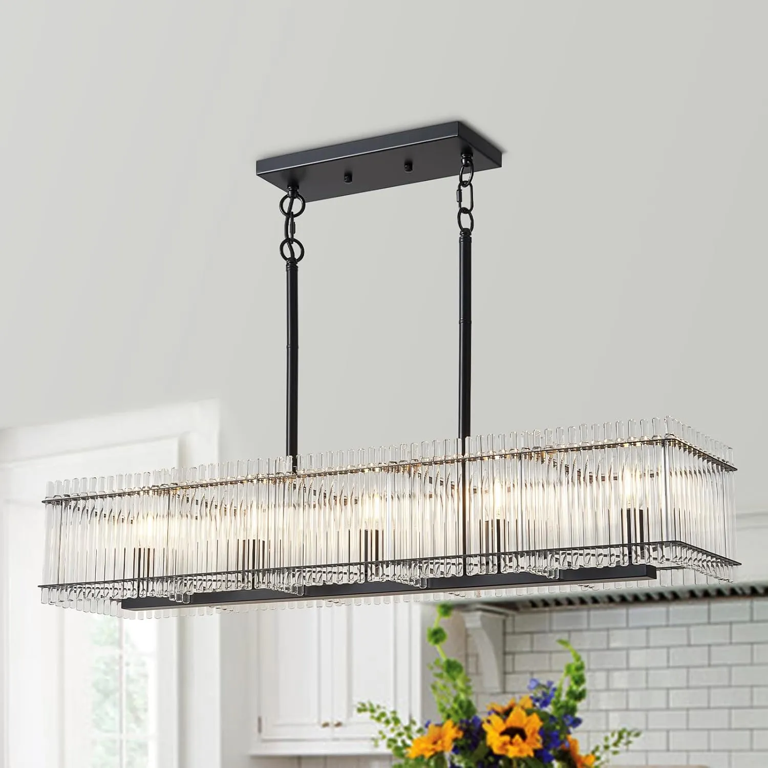 5-Light Modern Crystal Chandelier Luxury Black Dining Room Light Fixture Over Table Rectangle Farmhouse Hanging Pendant Lighting for Living Room, Kitchen Island Ceiling Lights