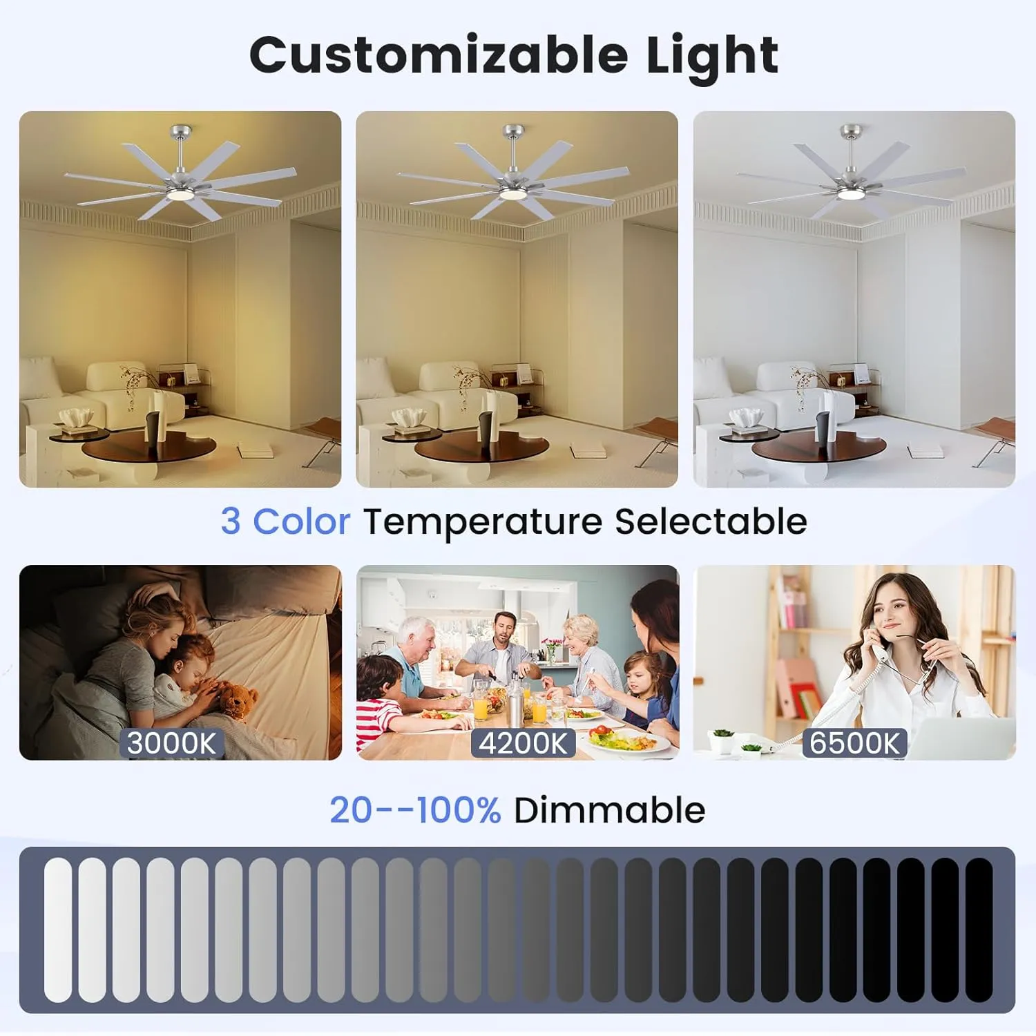 62 inch Large Ceiling Fans with Lights and Remote, Indoor/Outdoor Brushed Nickel Ceiling Fan for Living Room Patio, 6 Speeds Slient Reversible DC Motor, 3CCT, Timer, 2 Downrods, 8 Blades