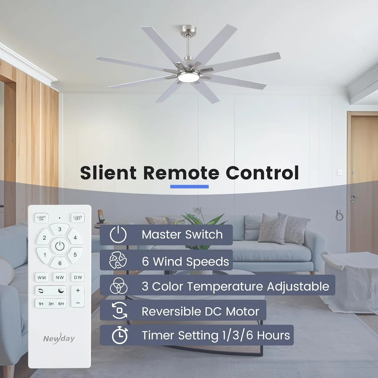 62 inch Large Ceiling Fans with Lights and Remote, Indoor/Outdoor Brushed Nickel Ceiling Fan for Living Room Patio, 6 Speeds Slient Reversible DC Motor, 3CCT, Timer, 2 Downrods, 8 Blades