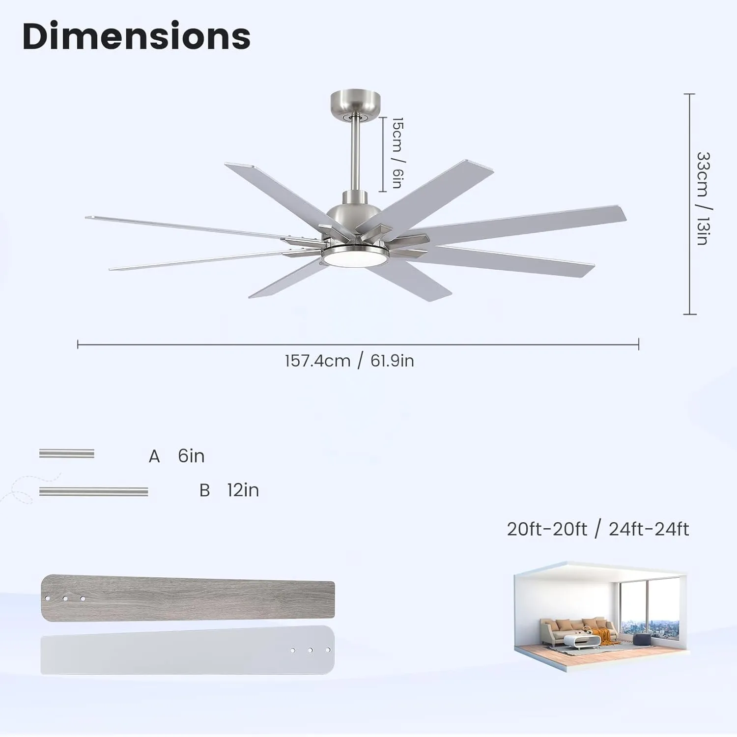62 inch Large Ceiling Fans with Lights and Remote, Indoor/Outdoor Brushed Nickel Ceiling Fan for Living Room Patio, 6 Speeds Slient Reversible DC Motor, 3CCT, Timer, 2 Downrods, 8 Blades