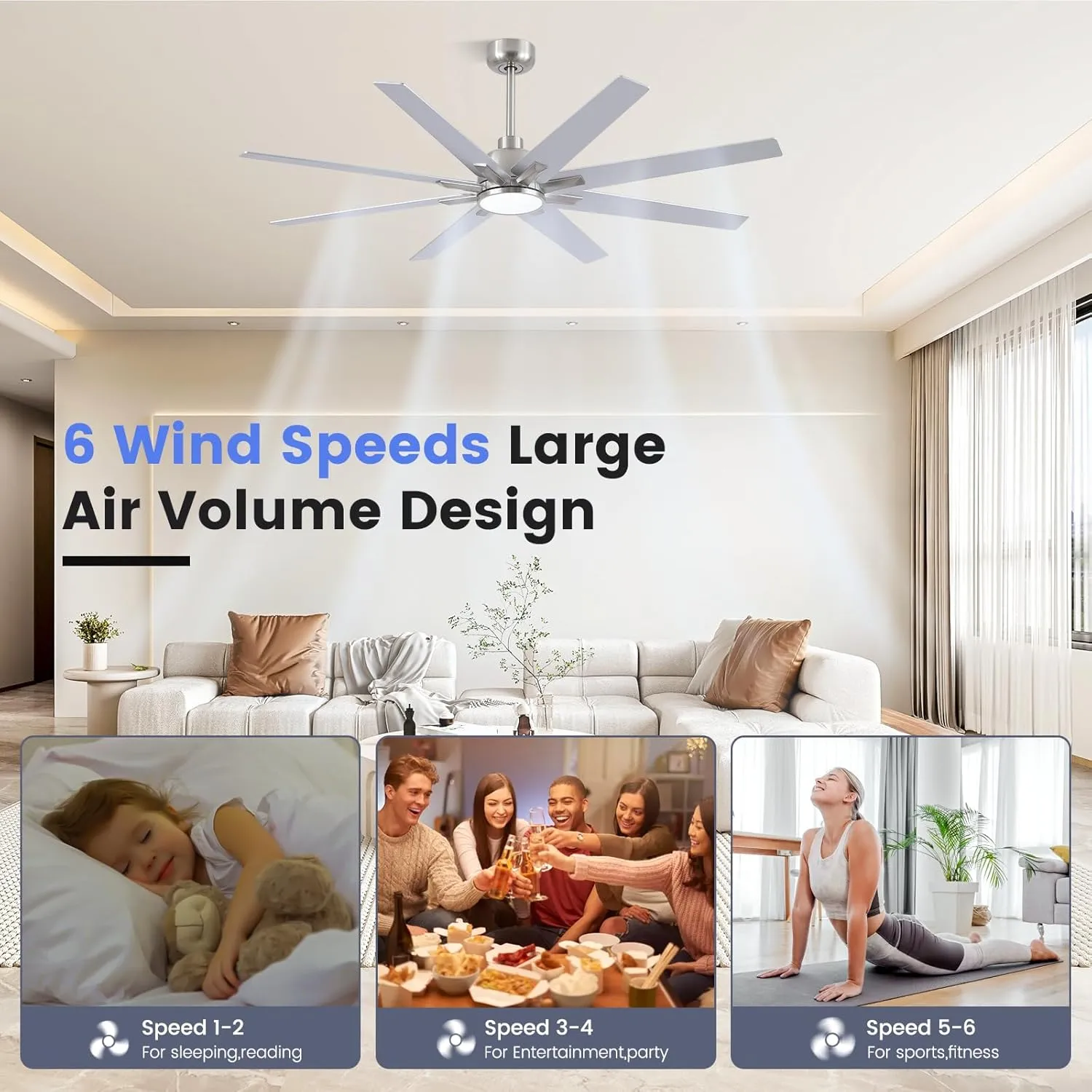62 inch Large Ceiling Fans with Lights and Remote, Indoor/Outdoor Brushed Nickel Ceiling Fan for Living Room Patio, 6 Speeds Slient Reversible DC Motor, 3CCT, Timer, 2 Downrods, 8 Blades