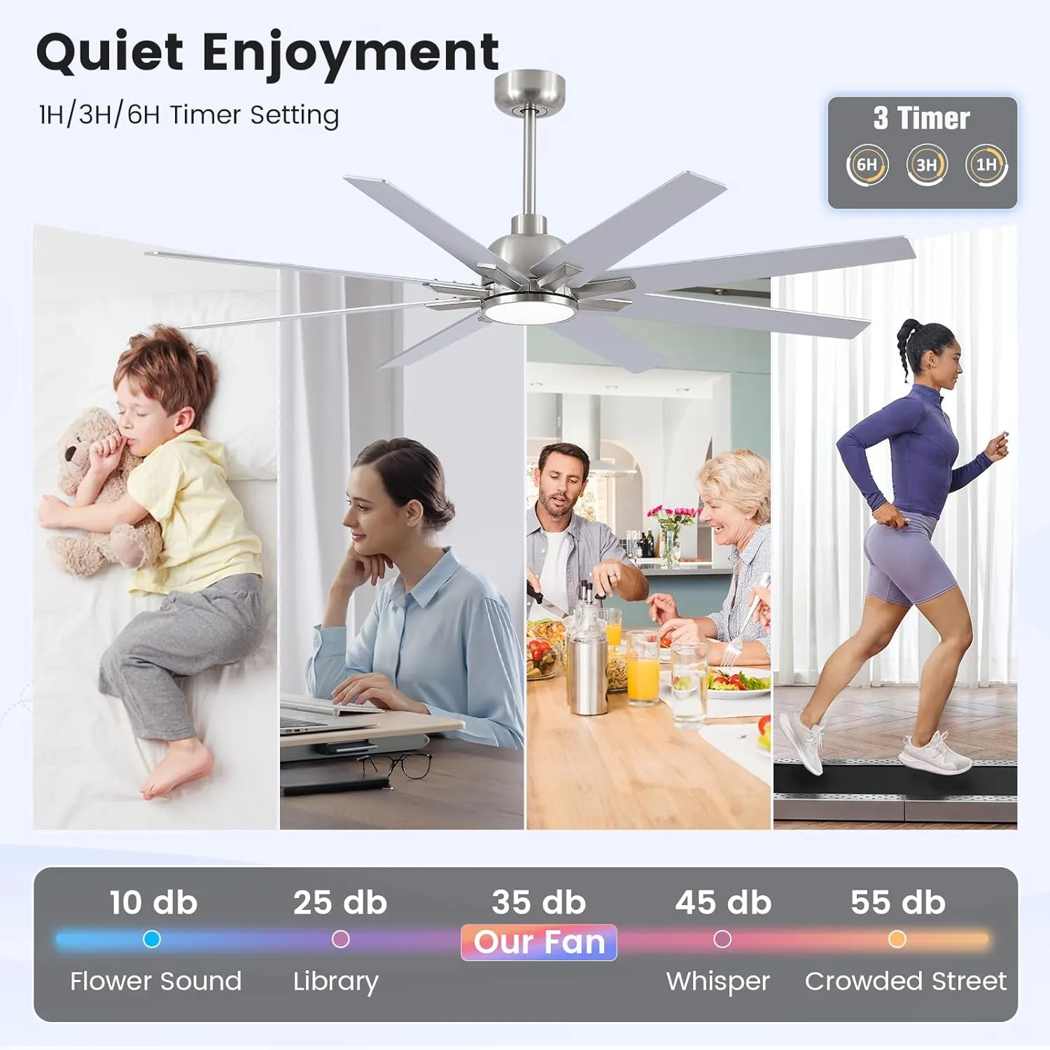 62 inch Large Ceiling Fans with Lights and Remote, Indoor/Outdoor Brushed Nickel Ceiling Fan for Living Room Patio, 6 Speeds Slient Reversible DC Motor, 3CCT, Timer, 2 Downrods, 8 Blades