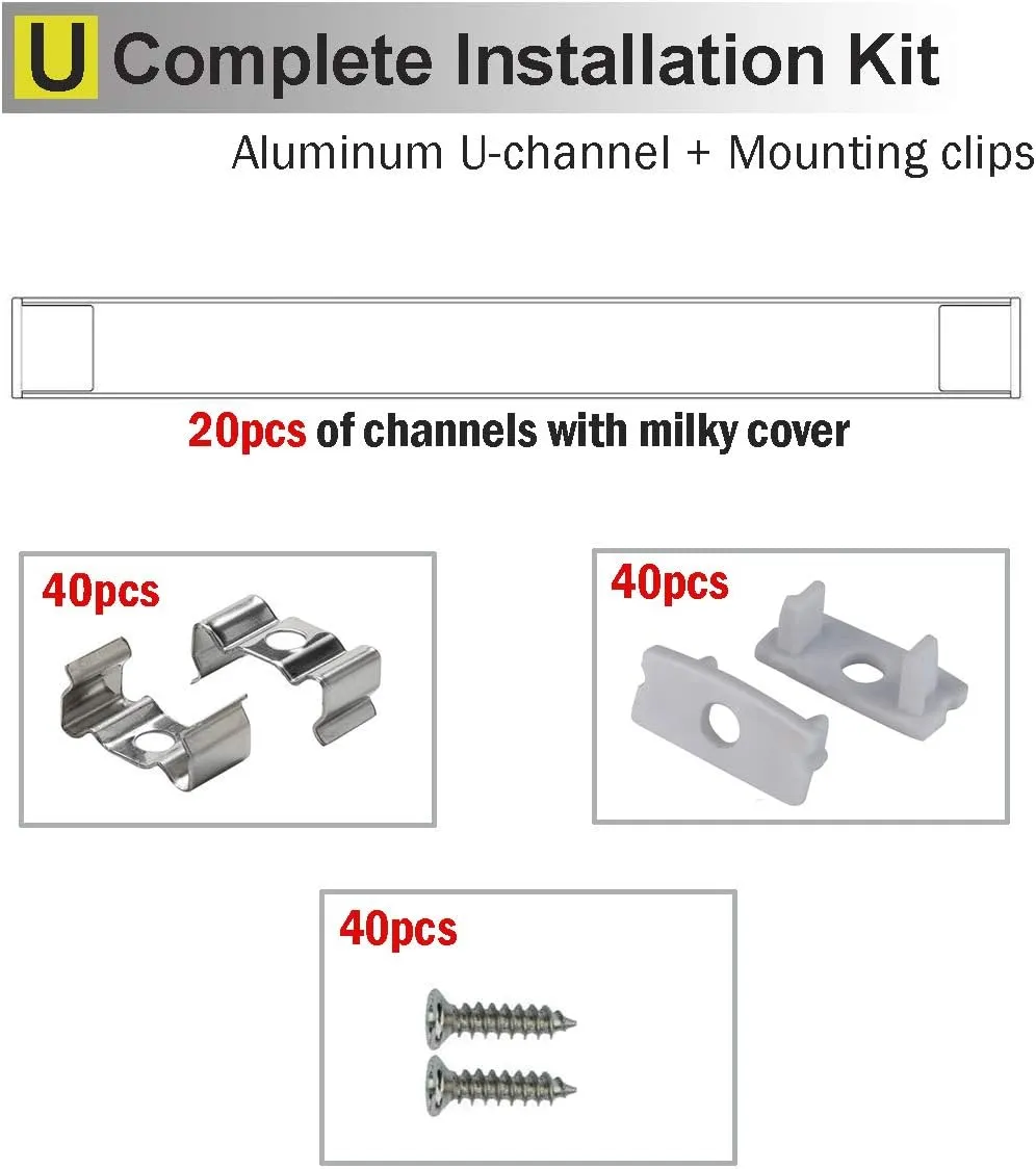 6.6ft/ 2m LED Strip Channel 20-Pack with Milky Cover, End Caps and Mounting Clips, Aluminum LED Profile for Installing LED Rope Light