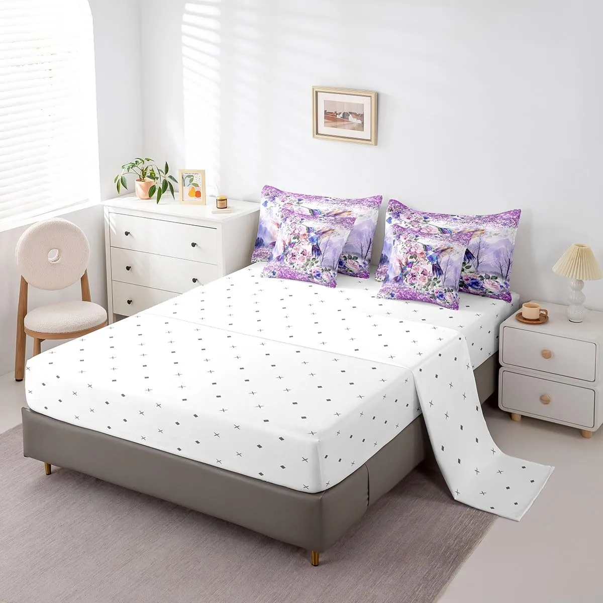 7 Piece Hummingbird Floral Bed in a Bag Queen for Boys Girls Purple Glitter Bling Sheet Set, Rustic Farmhouse Tropical Birds Bedding Set with Comforter Spring Flowers Bed Set Farmstyle Cushiom Covers