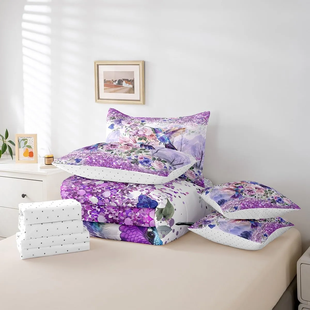 7 Piece Hummingbird Floral Bed in a Bag Queen for Boys Girls Purple Glitter Bling Sheet Set, Rustic Farmhouse Tropical Birds Bedding Set with Comforter Spring Flowers Bed Set Farmstyle Cushiom Covers