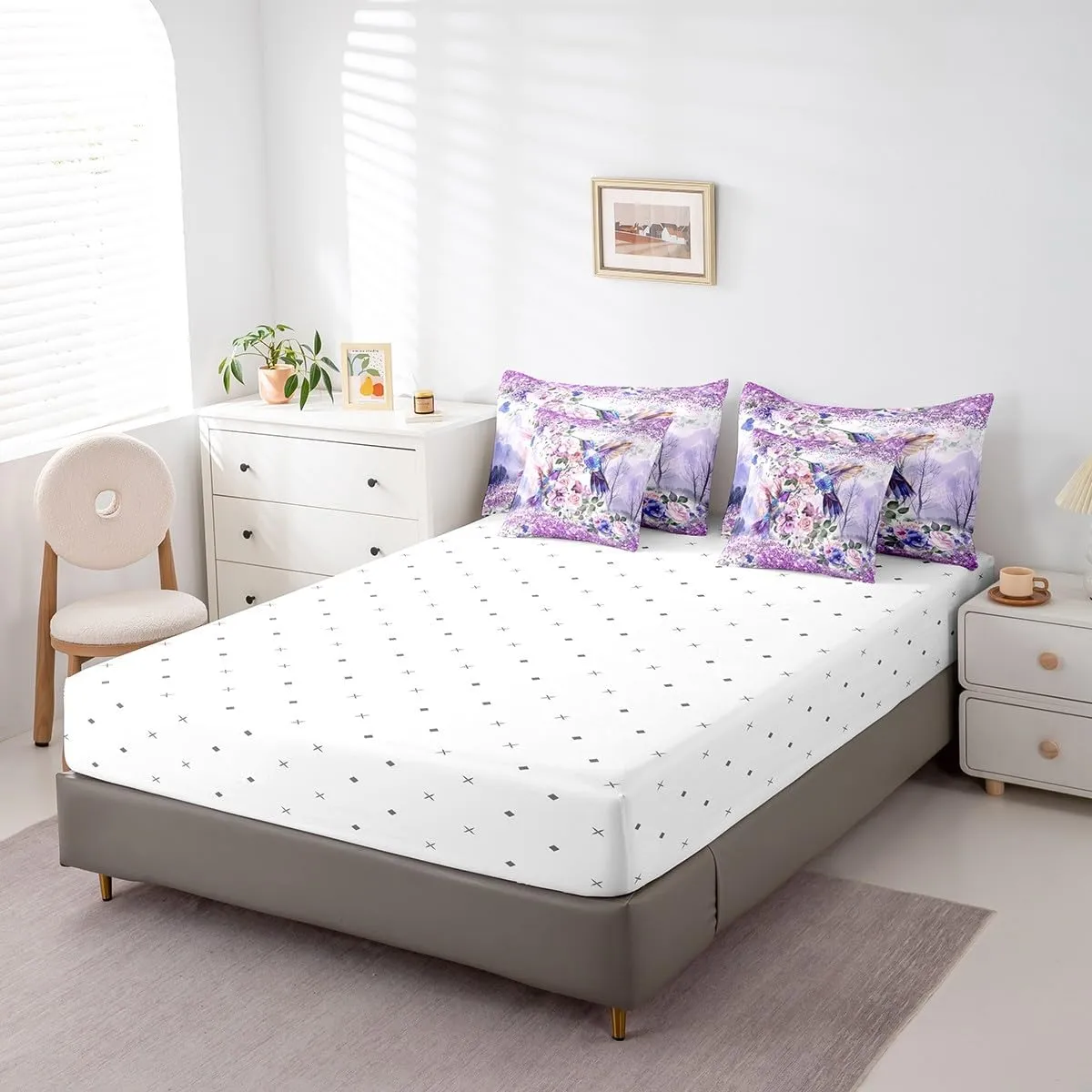 7 Piece Hummingbird Floral Bed in a Bag Queen for Boys Girls Purple Glitter Bling Sheet Set, Rustic Farmhouse Tropical Birds Bedding Set with Comforter Spring Flowers Bed Set Farmstyle Cushiom Covers