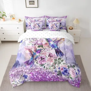 7 Piece Hummingbird Floral Bed in a Bag Queen for Boys Girls Purple Glitter Bling Sheet Set, Rustic Farmhouse Tropical Birds Bedding Set with Comforter Spring Flowers Bed Set Farmstyle Cushiom Covers
