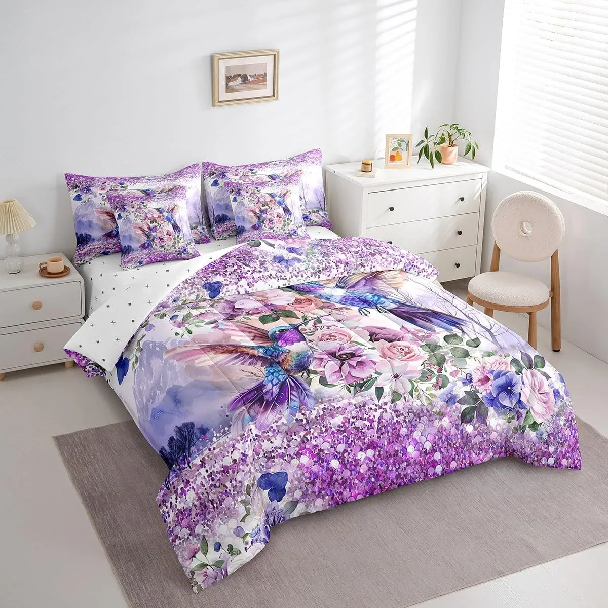 7 Piece Hummingbird Floral Bed in a Bag Queen for Boys Girls Purple Glitter Bling Sheet Set, Rustic Farmhouse Tropical Birds Bedding Set with Comforter Spring Flowers Bed Set Farmstyle Cushiom Covers