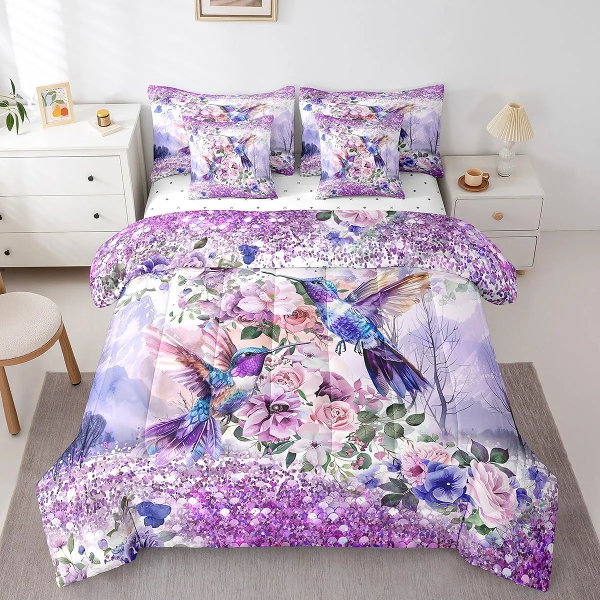 7 Piece Hummingbird Floral Bed in a Bag Queen for Boys Girls Purple Glitter Bling Sheet Set, Rustic Farmhouse Tropical Birds Bedding Set with Comforter Spring Flowers Bed Set Farmstyle Cushiom Covers