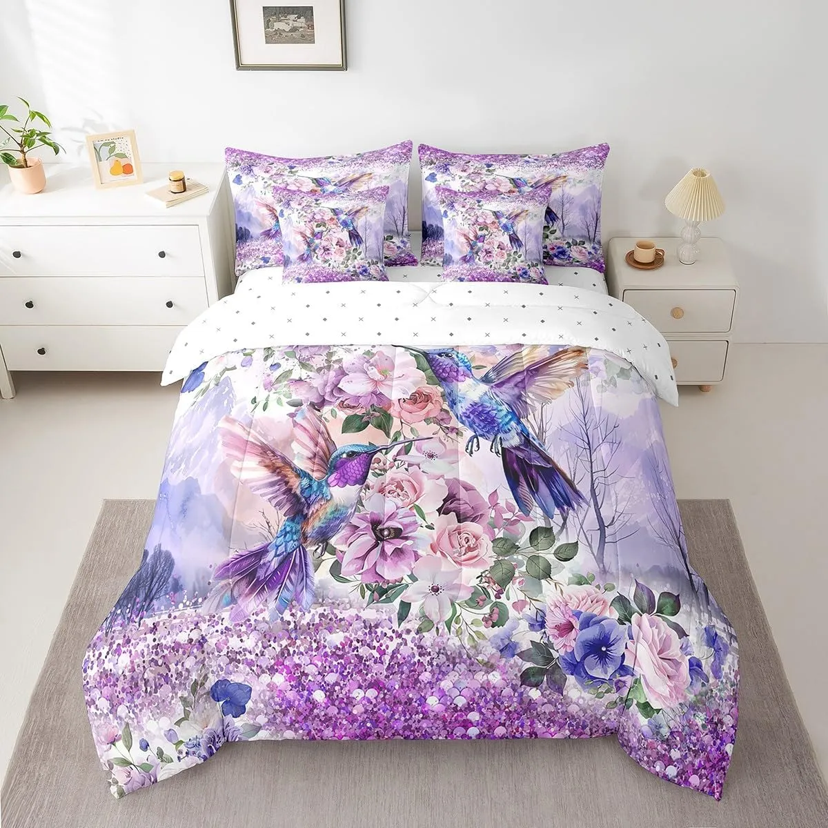 7 Piece Hummingbird Floral Bed in a Bag Queen for Boys Girls Purple Glitter Bling Sheet Set, Rustic Farmhouse Tropical Birds Bedding Set with Comforter Spring Flowers Bed Set Farmstyle Cushiom Covers