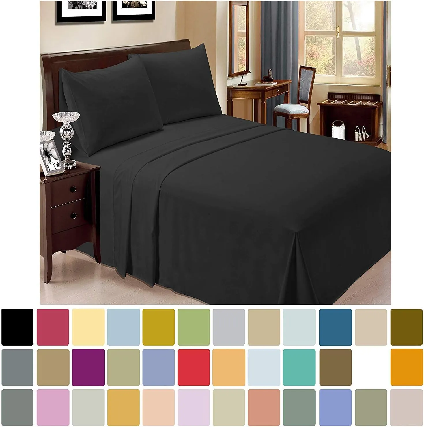 800-Thread-Count 100% Cotton Sheet Pure Black King-Sheets Set, 4-Piece Long-Staple Cotton Best-Bedding Sheets for Bed, Soft & Silky Sateen Weave Fits Mattress Upto 15'' Deep Pocket