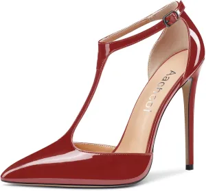 Aachcol Women T-strap Sandals High Stiletto Heel Pointed Toe Mary Jane Ankle Strap Patent Pumps Clear Dress Shoes 5 Inch