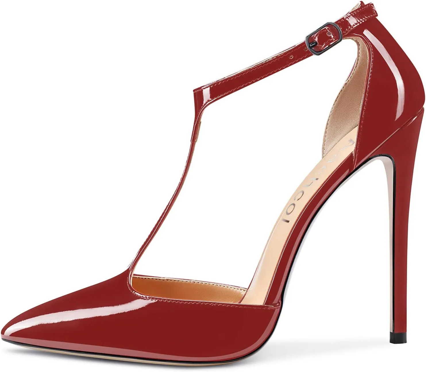 Aachcol Women T-strap Sandals High Stiletto Heel Pointed Toe Mary Jane Ankle Strap Patent Pumps Clear Dress Shoes 5 Inch