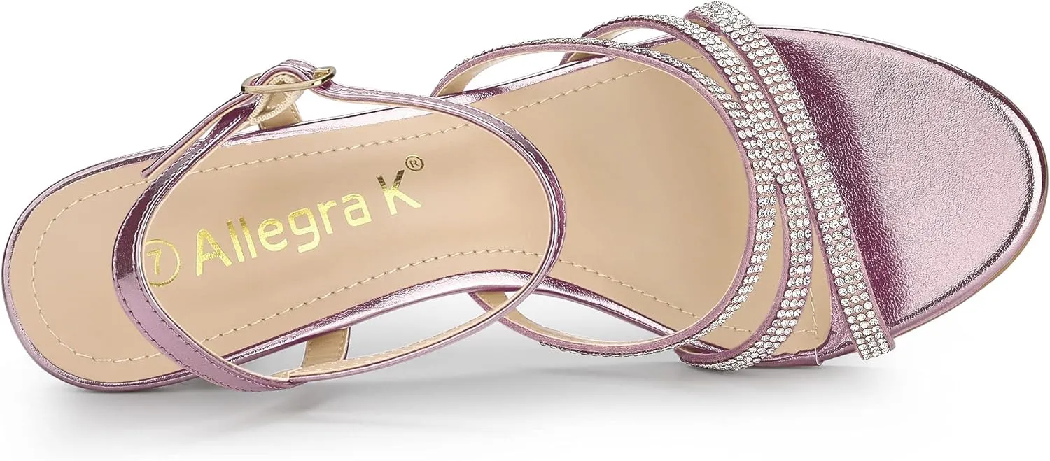 Allegra K Women's Ankle Strap Rhinestone Kitten Heel Sandals