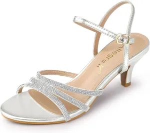 Allegra K Women's Ankle Strap Rhinestone Kitten Heel Sandals