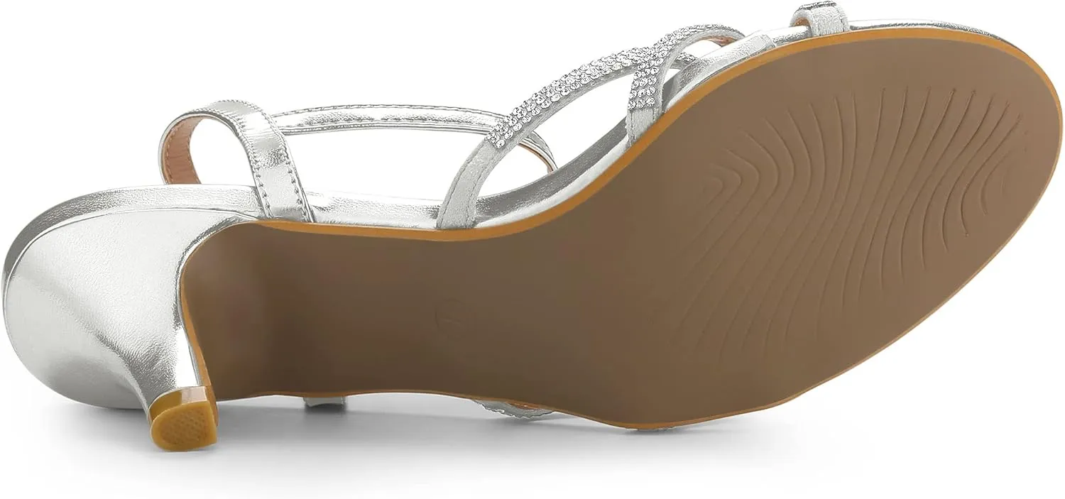 Allegra K Women's Ankle Strap Rhinestone Kitten Heel Sandals