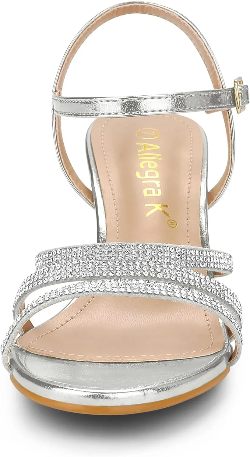 Allegra K Women's Ankle Strap Rhinestone Kitten Heel Sandals