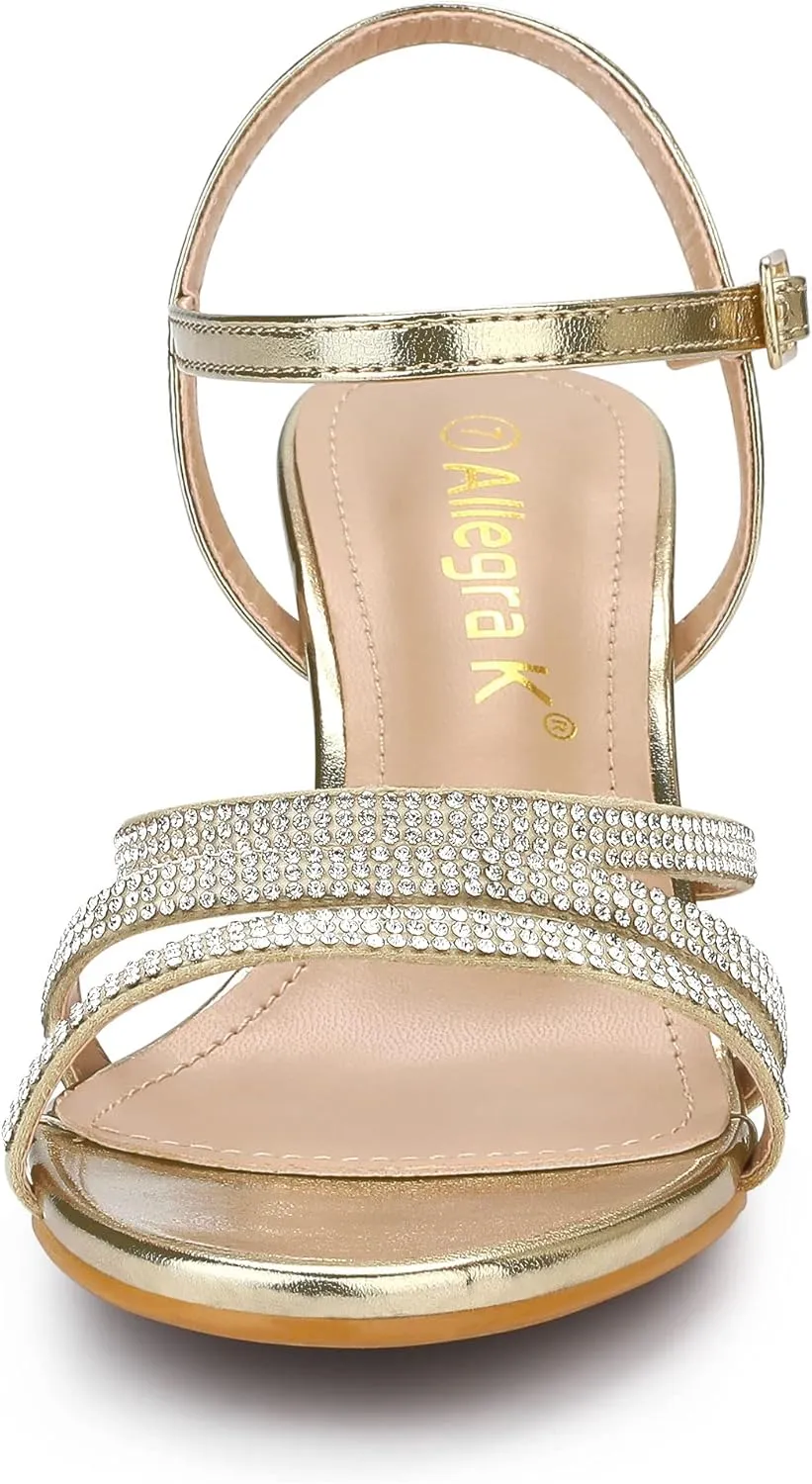Allegra K Women's Ankle Strap Rhinestone Kitten Heel Sandals
