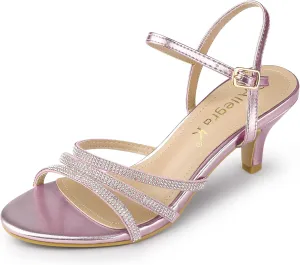 Allegra K Women's Ankle Strap Rhinestone Kitten Heel Sandals