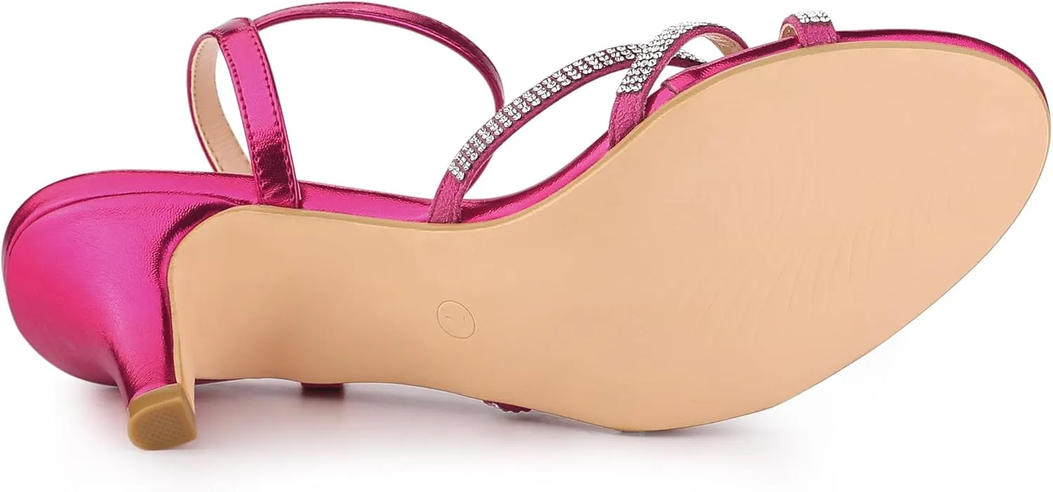 Allegra K Women's Ankle Strap Rhinestone Kitten Heel Sandals