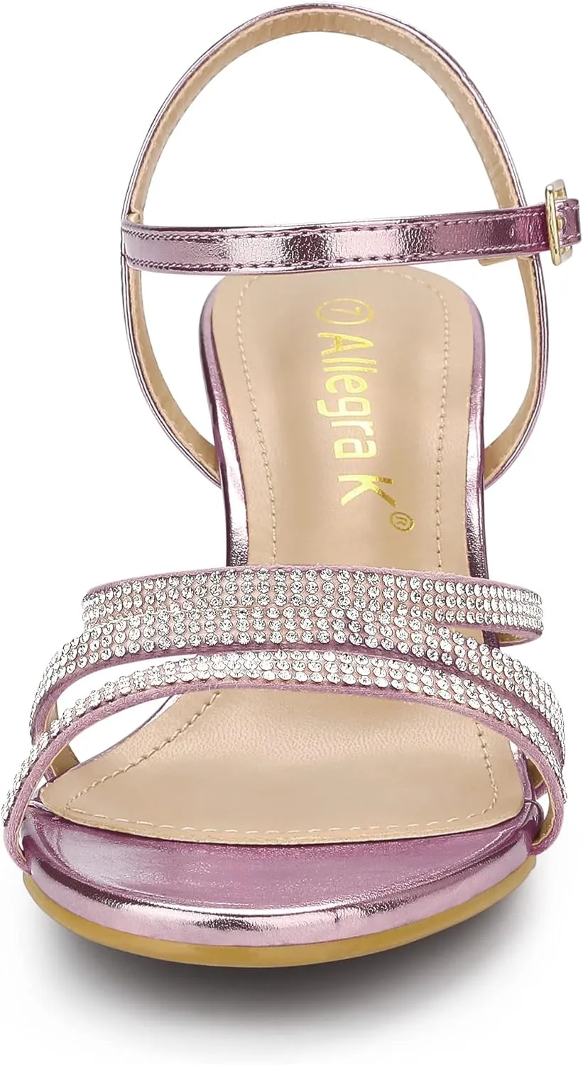 Allegra K Women's Ankle Strap Rhinestone Kitten Heel Sandals