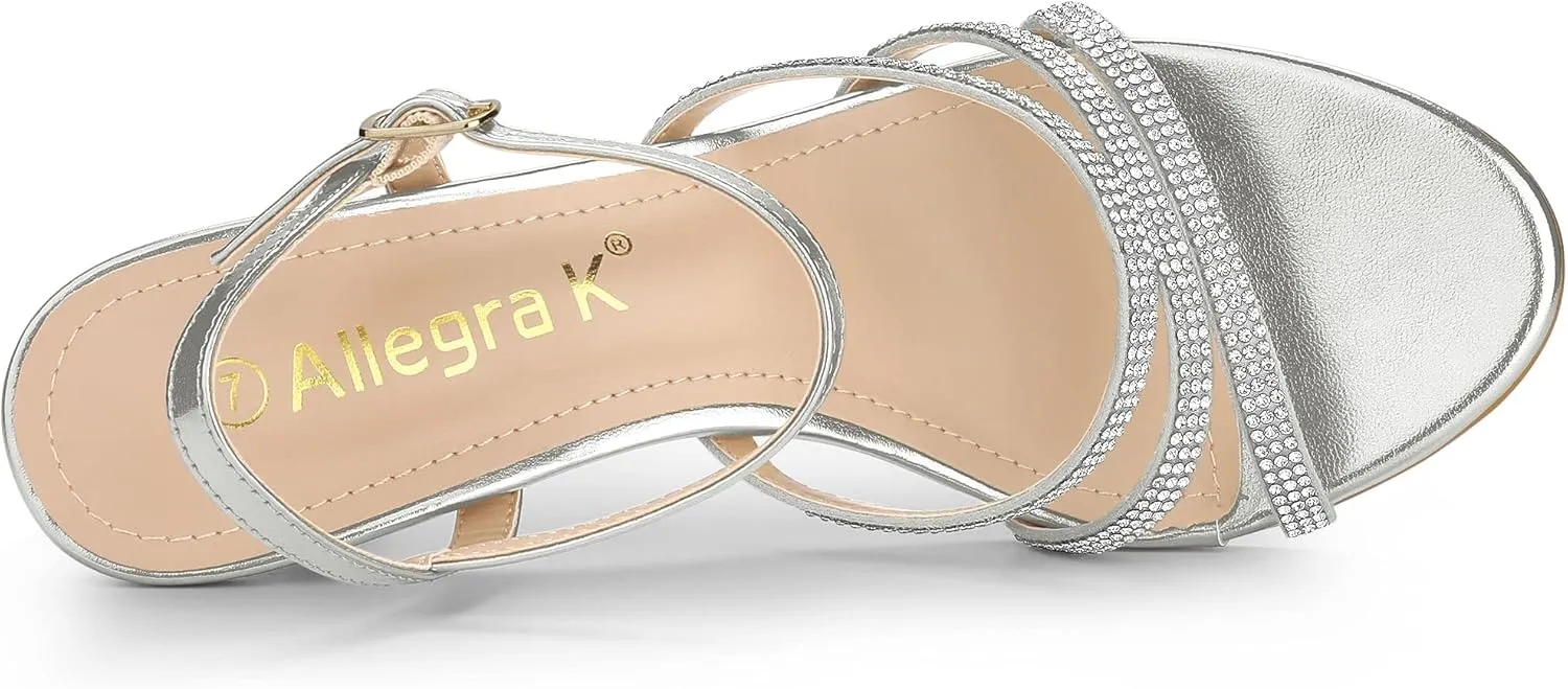 Allegra K Women's Ankle Strap Rhinestone Kitten Heel Sandals