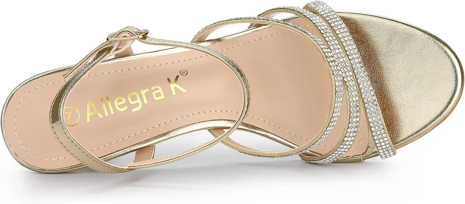 Allegra K Women's Ankle Strap Rhinestone Kitten Heel Sandals