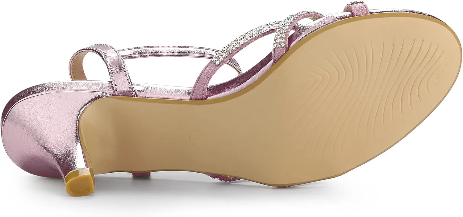 Allegra K Women's Ankle Strap Rhinestone Kitten Heel Sandals