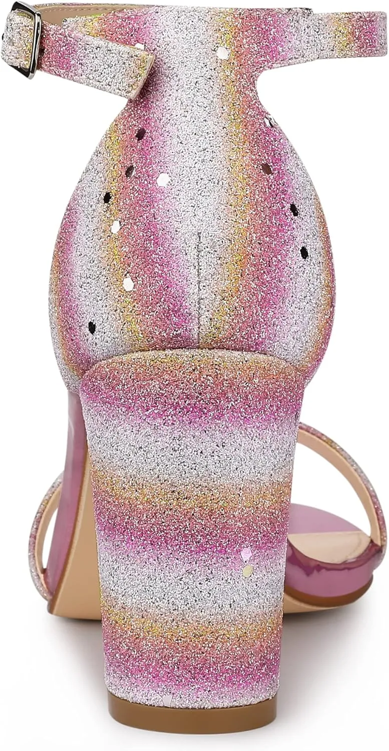 Allegra K Women's Glitter Ankle Strap Chunky Heels Sandals