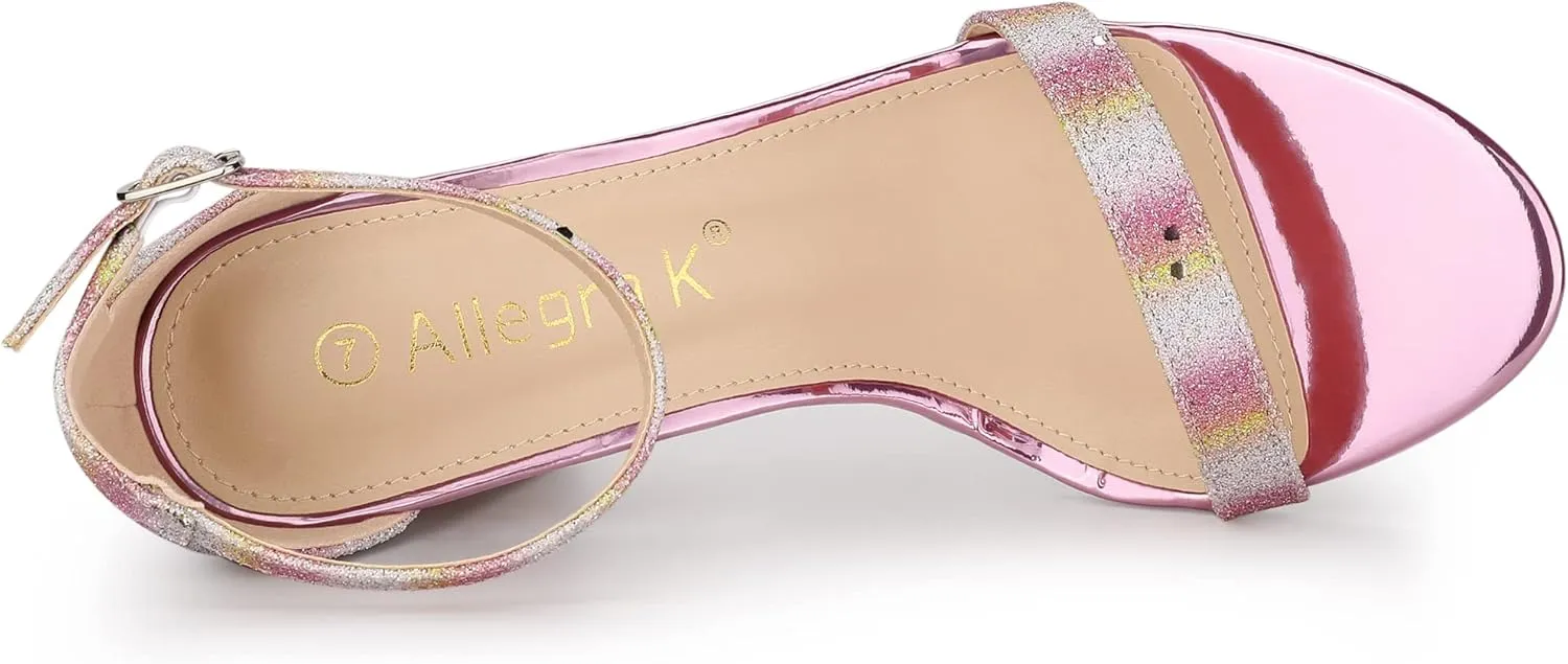 Allegra K Women's Glitter Ankle Strap Chunky Heels Sandals