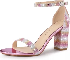 Allegra K Women's Glitter Ankle Strap Chunky Heels Sandals