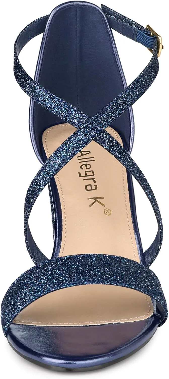 Allegra K Women's Glitter Crisscross Strap Block Heels Sandals