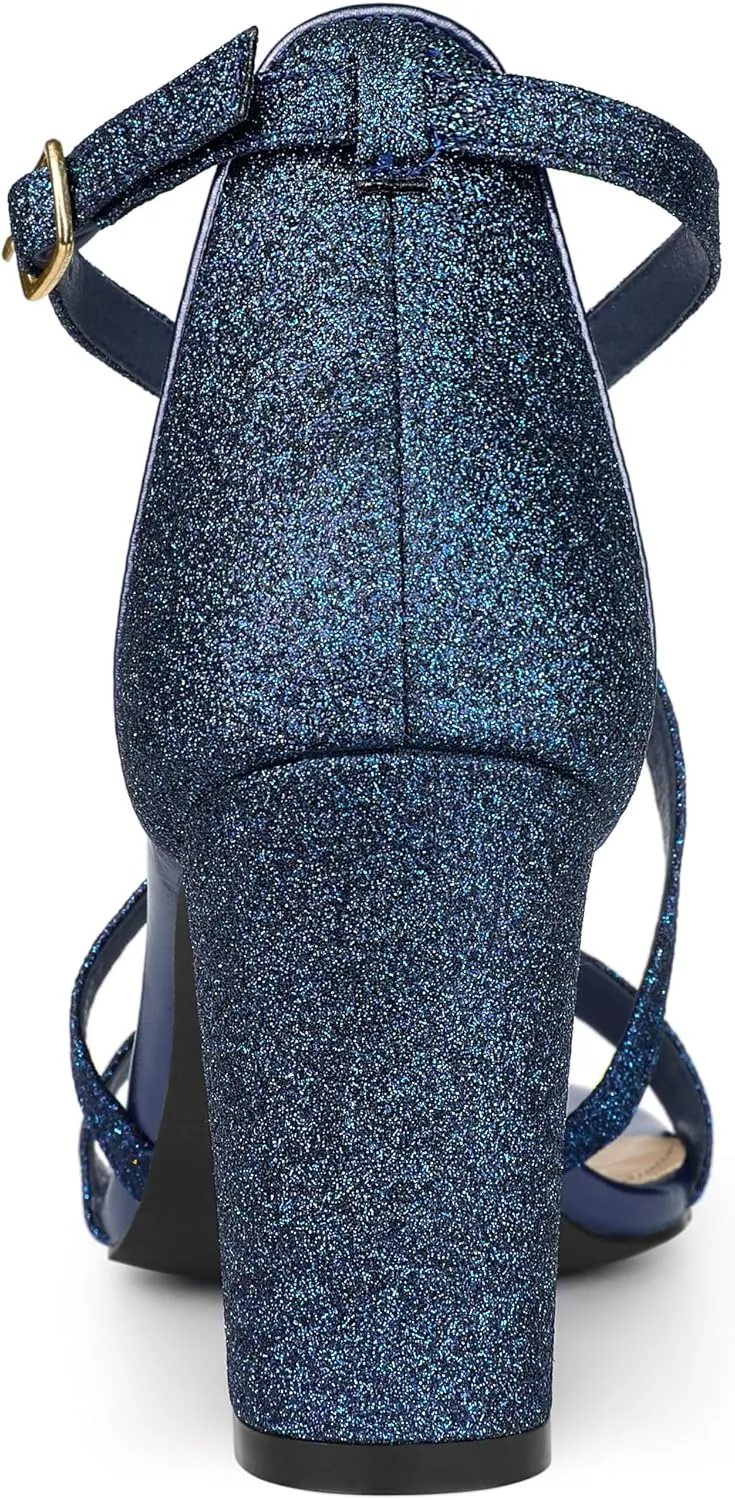 Allegra K Women's Glitter Crisscross Strap Block Heels Sandals