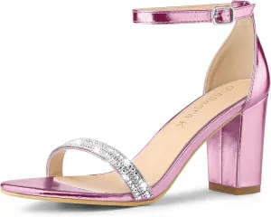 Allegra K Women's Rhinestone Ankle Strap Chunky Heels Sandals