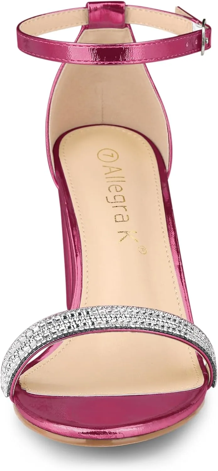 Allegra K Women's Rhinestone Ankle Strap Chunky Heels Sandals