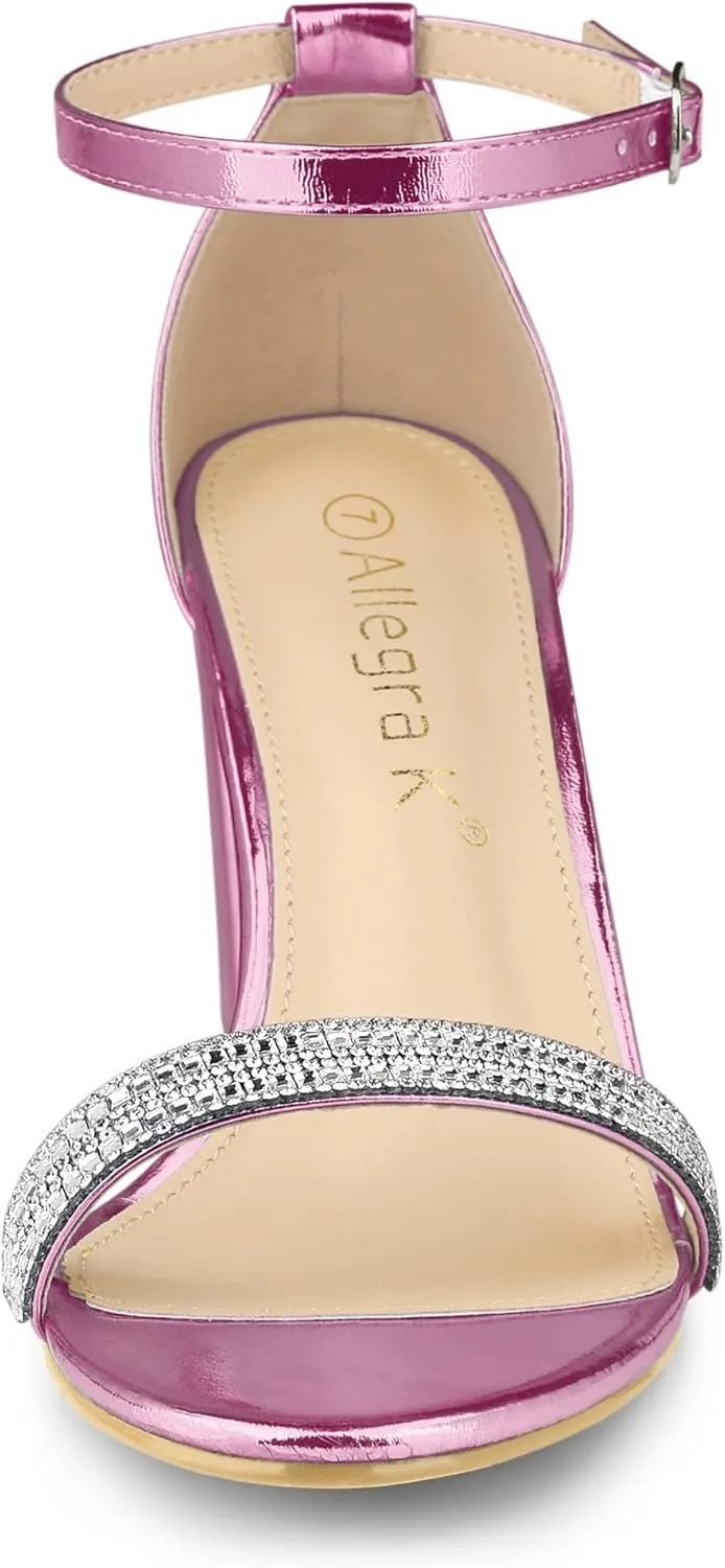 Allegra K Women's Rhinestone Ankle Strap Chunky Heels Sandals