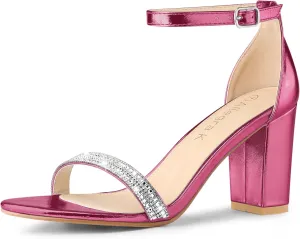 Allegra K Women's Rhinestone Ankle Strap Chunky Heels Sandals