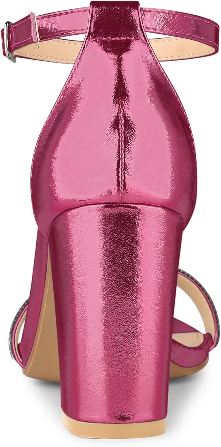 Allegra K Women's Rhinestone Ankle Strap Chunky Heels Sandals