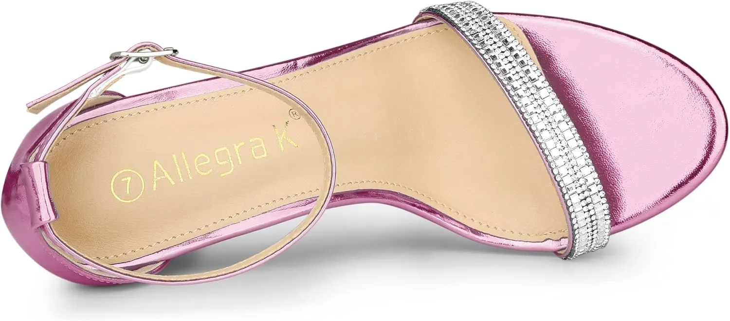 Allegra K Women's Rhinestone Ankle Strap Chunky Heels Sandals
