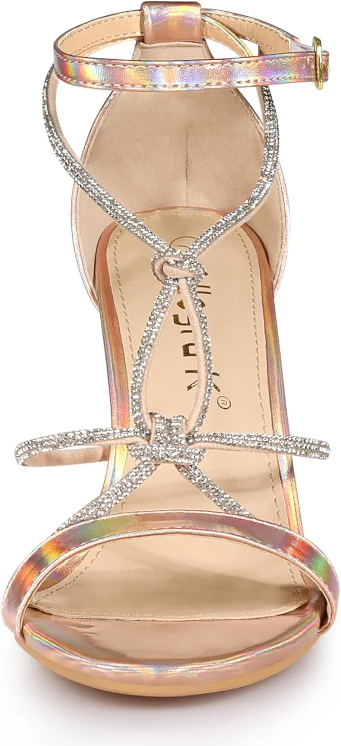 Allegra K Women's Rhinestone Knot Strap Stiletto Heels Sandals
