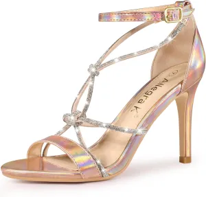 Allegra K Women's Rhinestone Knot Strap Stiletto Heels Sandals